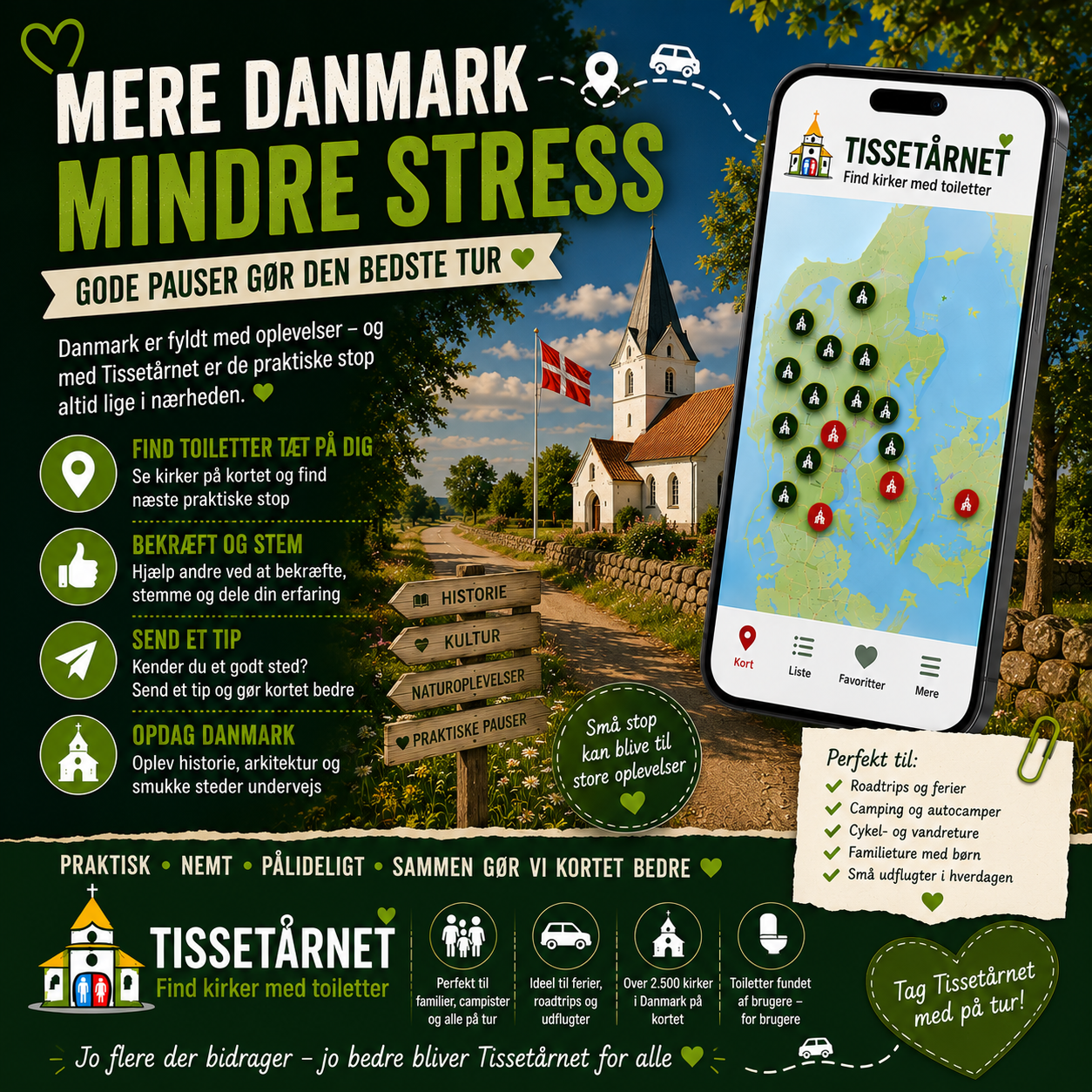 Instagram-opslag fra Tissetårnet med app, kirke og kort